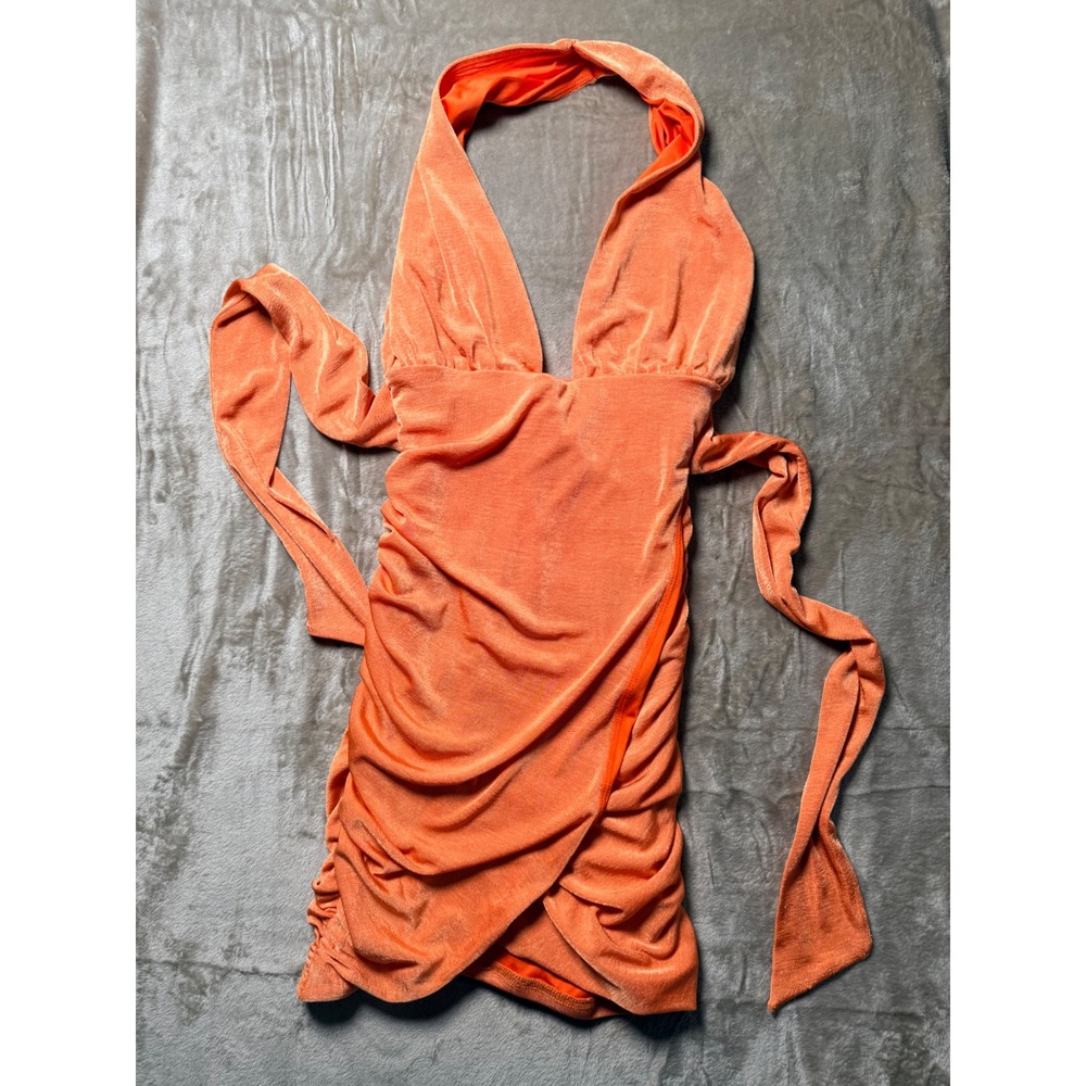 Princess Polly Orange Ruched Halter Mini Dress Deep V Neck Bodycon US 4 Party